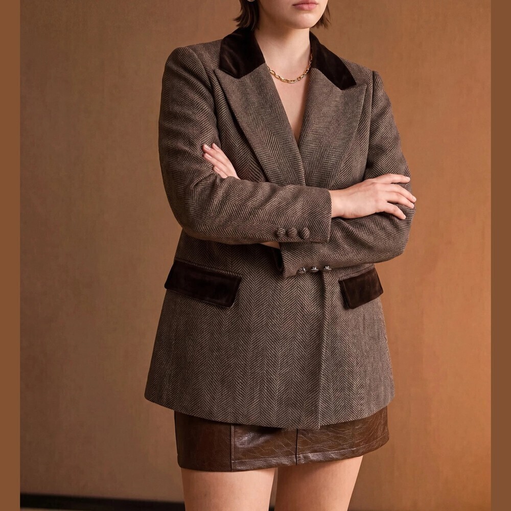 Brown Herringbone Tweed Contrast Velvet Collar Slim Fit Blazer
